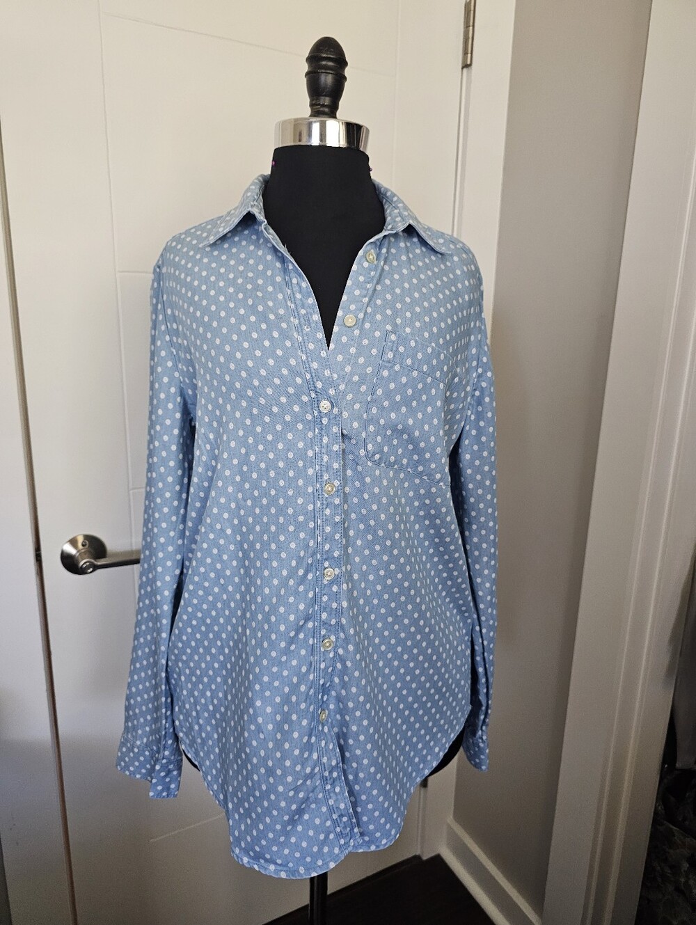 LOFT Light Blue Polka Dot Button-Down Shirt, S